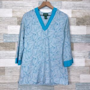 LL Bean Popover Hoodie Tunic Top Blue White Leaf Cover Up Casual Womens Medium